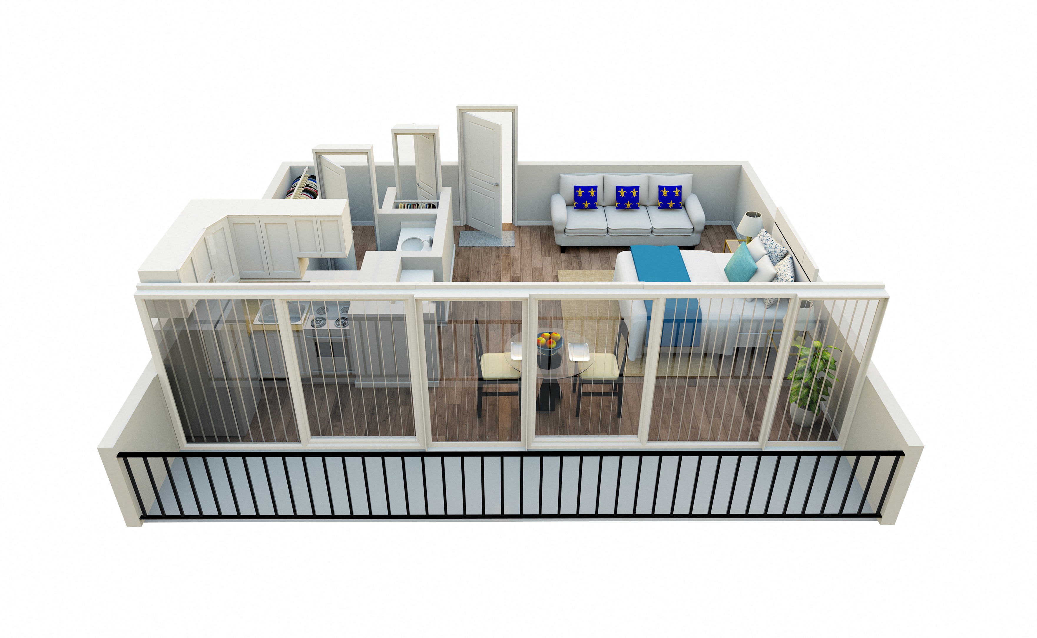 A top down view of a modern house with a balcony.